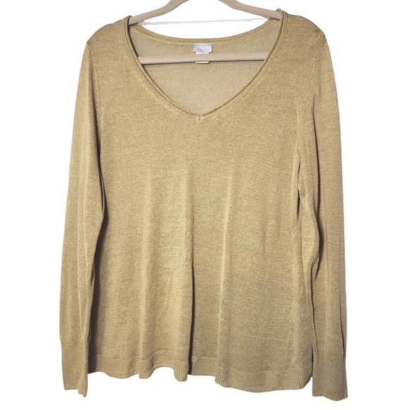 Chico's Sweaters - Chico's Tan Linen Blend Rolled V-Neck Long Sleeve‎ Sweater Size 1=Medium Coastal